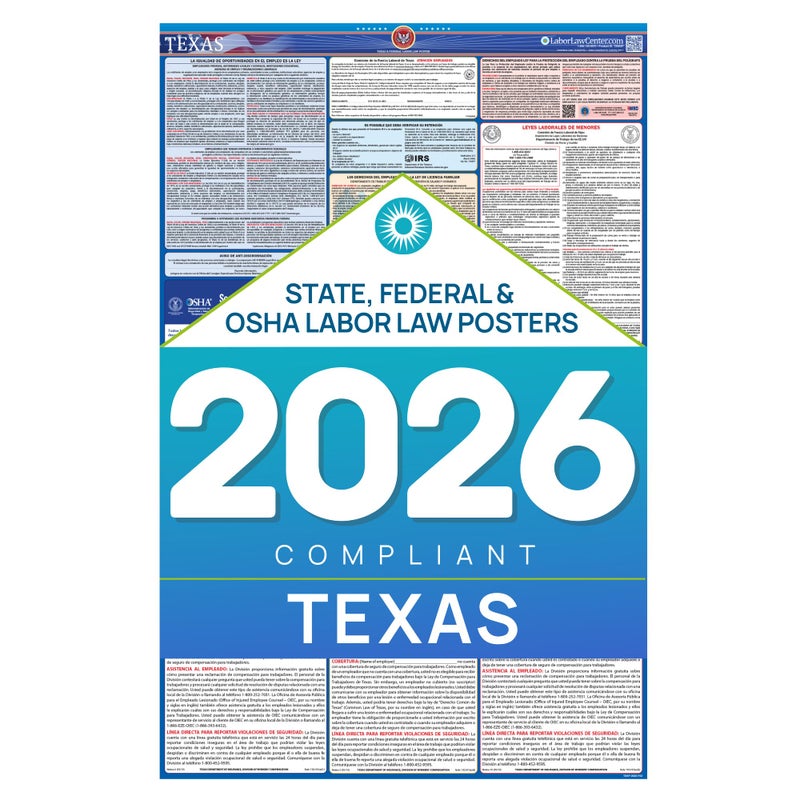 Labor Law Center Texas 2026 Labor Law Poster â€“ State & Federal Compliance â€“ OSHA, EEOC, FMLA, Minimum Wage â€“ Durable, Laminated & Waterproof Workplace Employment Poster â€“ Made in USA â€“ 26â€ x 39.5â€ - Image 1